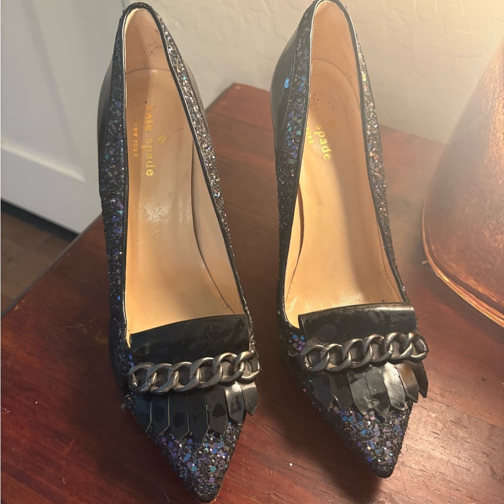 Kate Spade Black Glitter Chain Heels